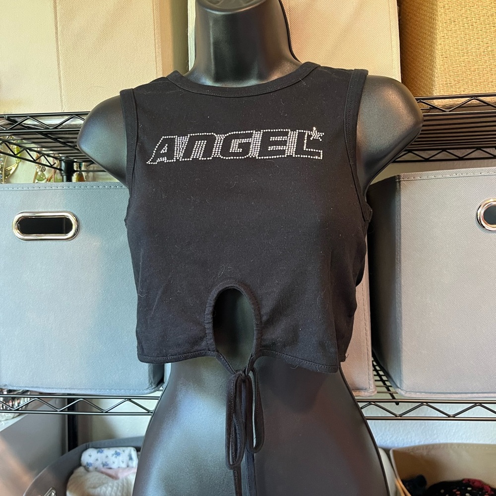 Urban Outfitters Black 'ANGEL' Rhinestone Tie-Front Crop Tank